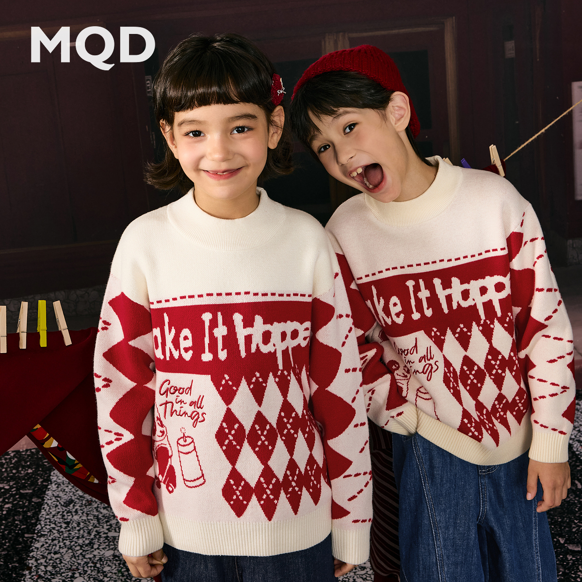 【拜年服】MQD男童25冬新款满版半高领毛衣女童针织衫9654W07A7