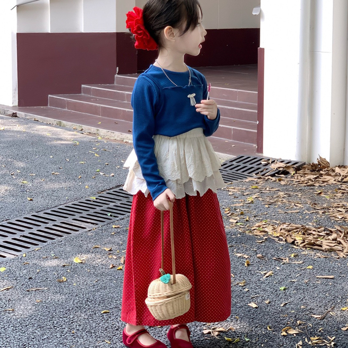2025秋季新款女童蝴蝶结背心打底衫两件套花边屁帘宽松波点长裤套