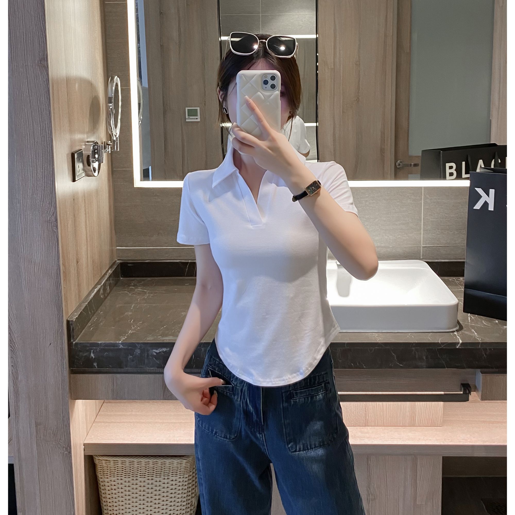 白色POLO领短袖t恤女纯色辣妹修身外穿抗皱百搭显瘦下摆弧形上衣