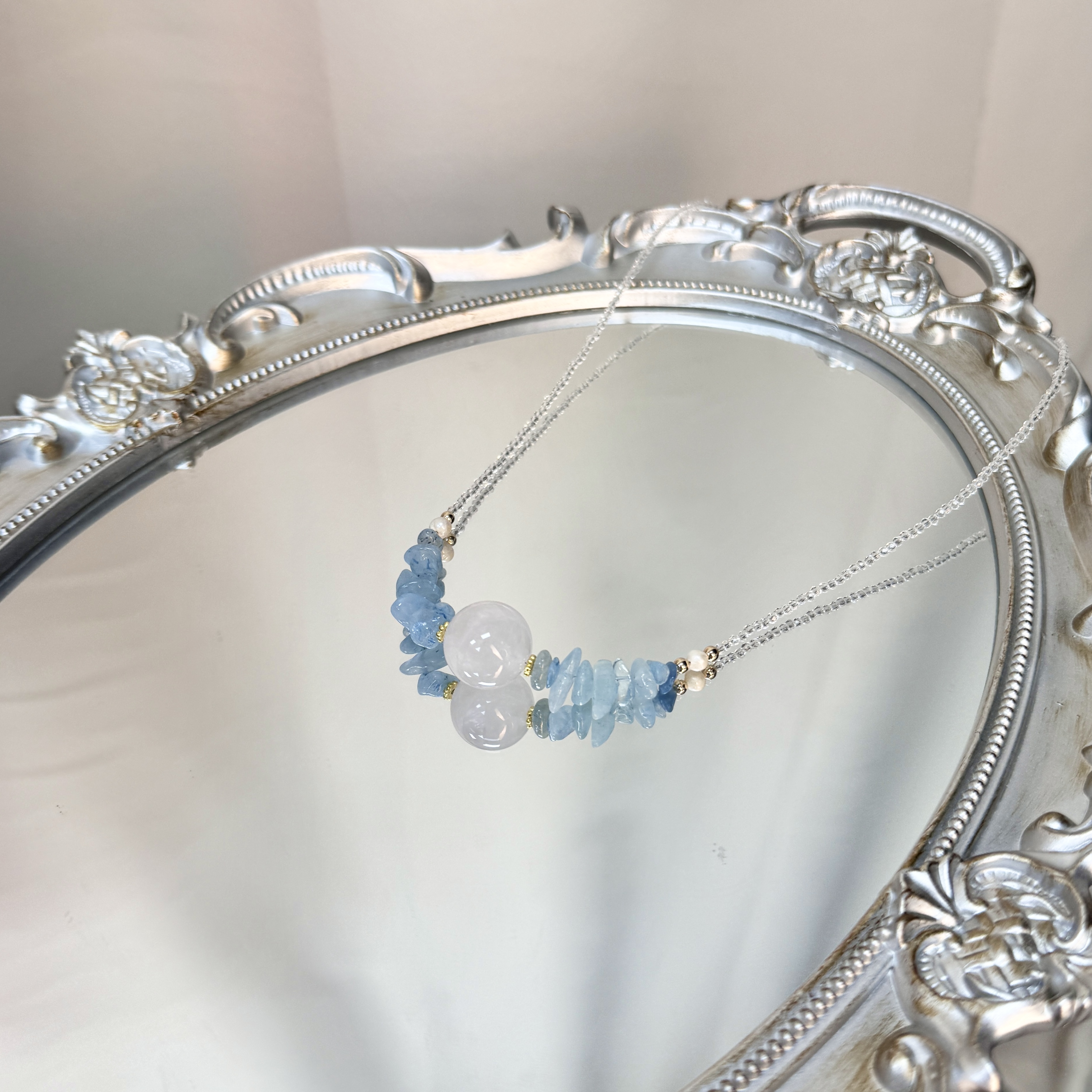 天然粉水晶海蓝宝碎石吊坠 16mm