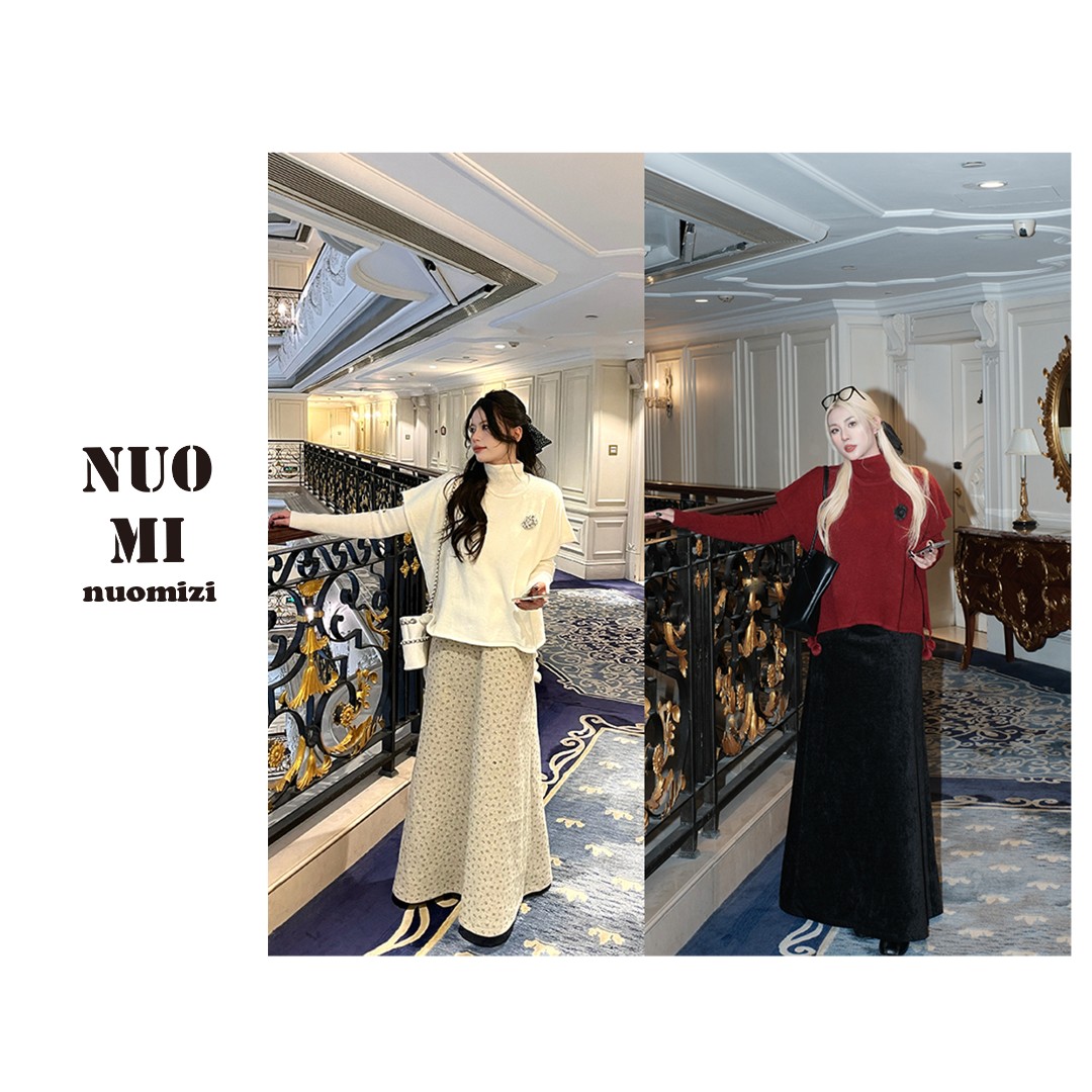 ZOZ糯米子[碎花裙]温柔风减龄碎花垂感毛呢加绒半身裙长裙A字裙