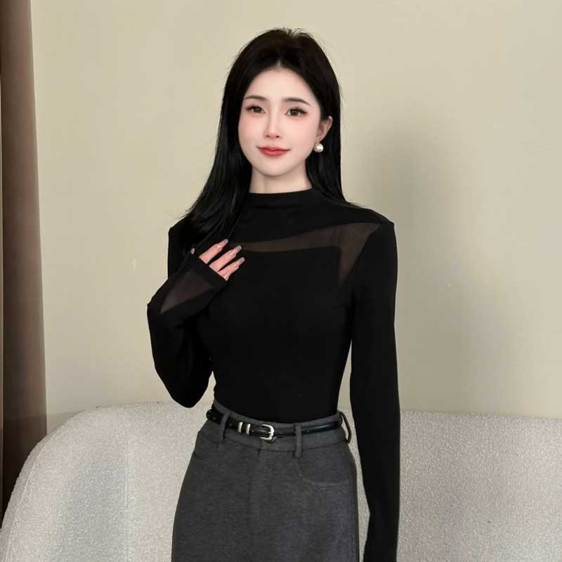 【撩人心弦】设计感网纱拼接长袖T恤女秋冬加厚百搭打底衫上衣8692