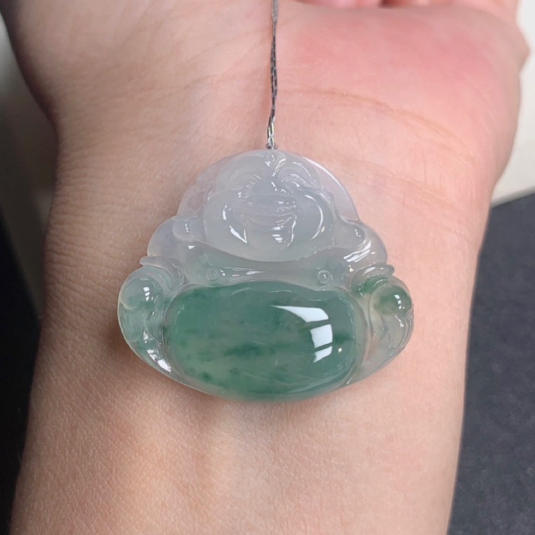 天然缅甸a货翡翠冰种飘花佛公吊坠 27x31x6mm