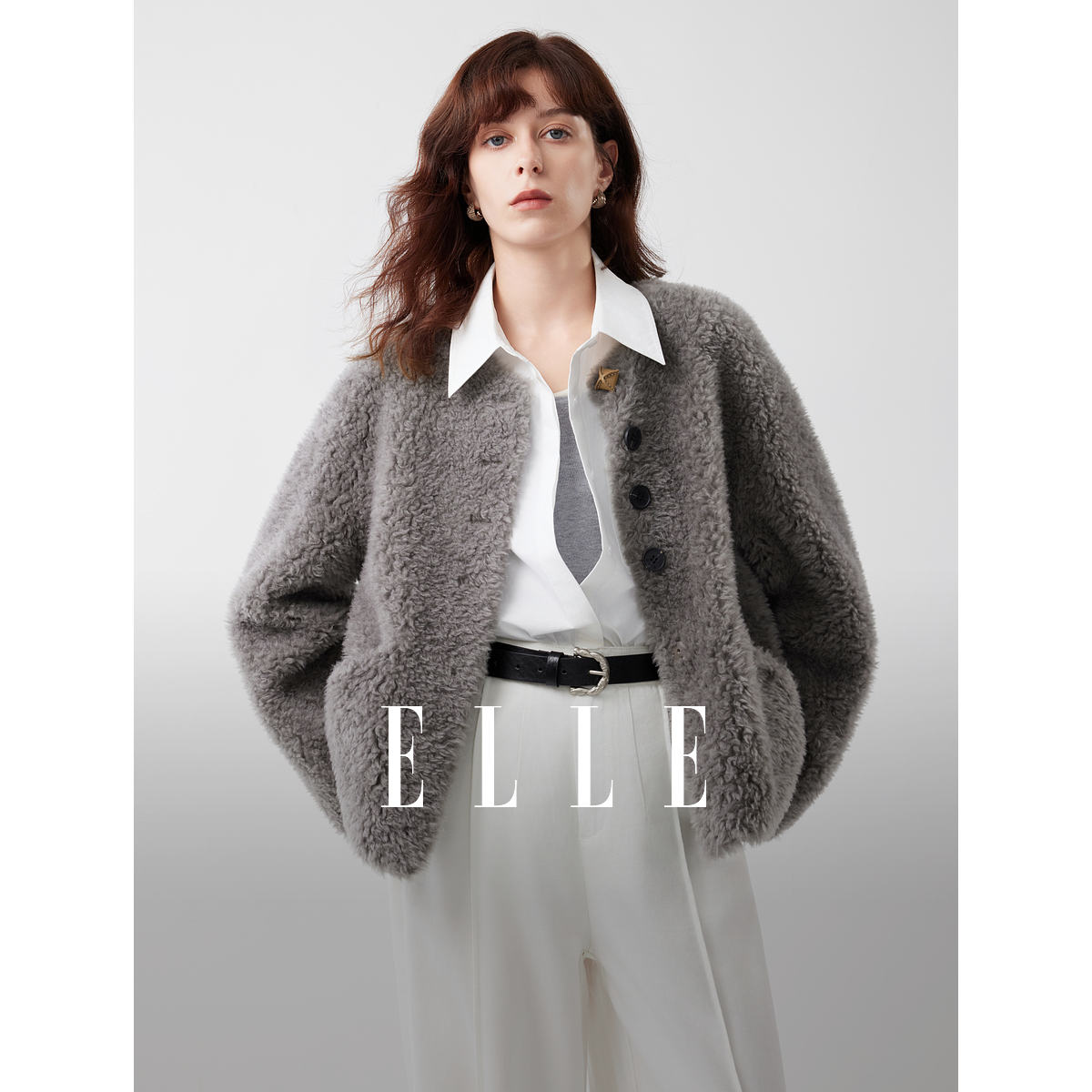 ELLE女装灰色毛绒短外套2025冬新款通勤羊羔毛休闲上衣EF52681