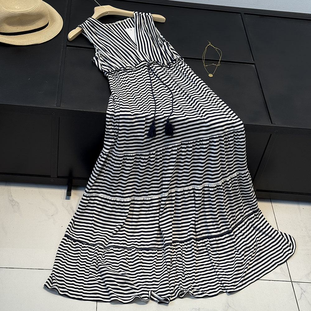 高腰中长款V领收腰显瘦条纹垂感柔软连衣裙25072