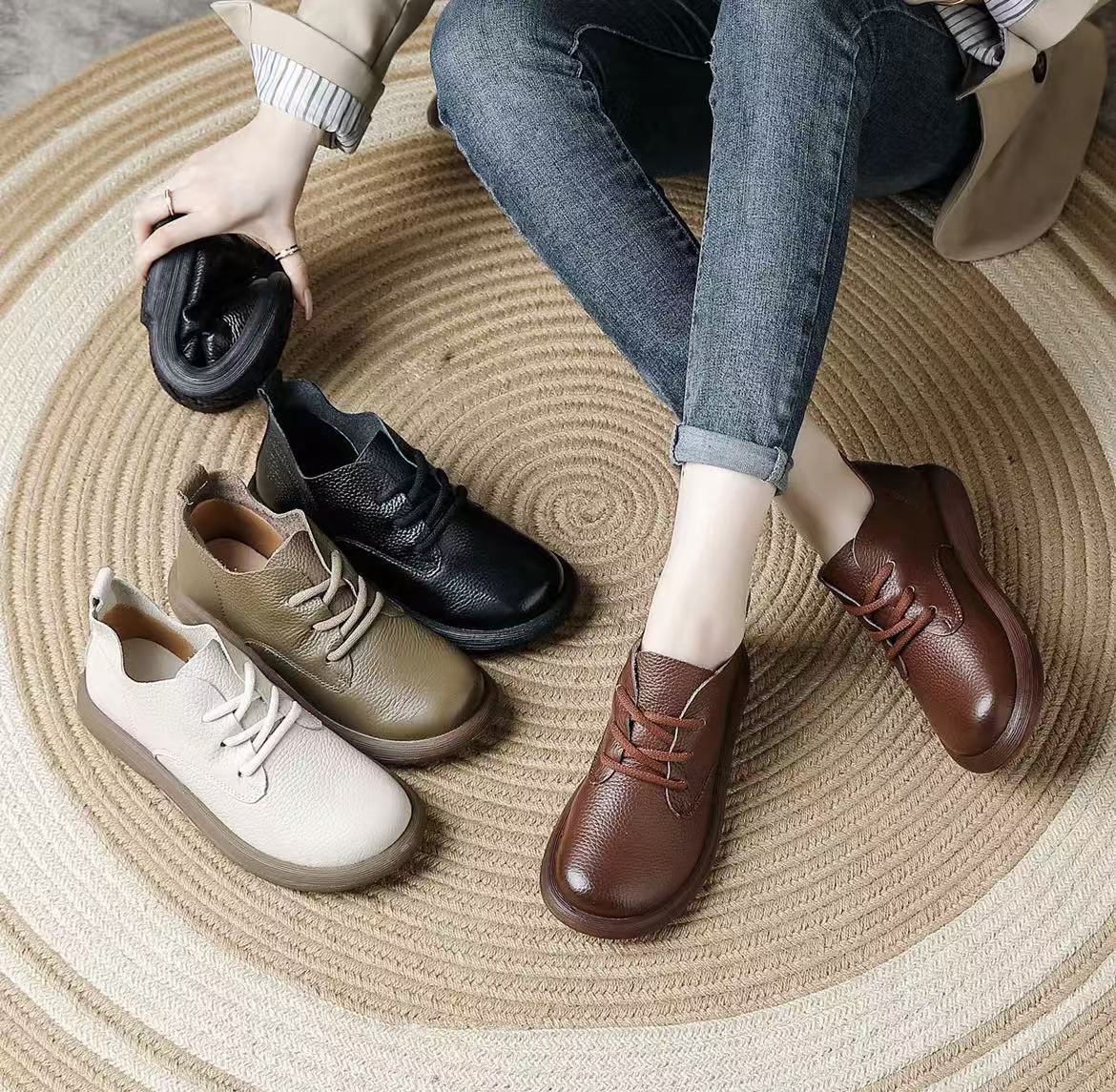 头层牛皮新款防滑休闲风复古港风复古系带短靴百搭平底时尚短靴