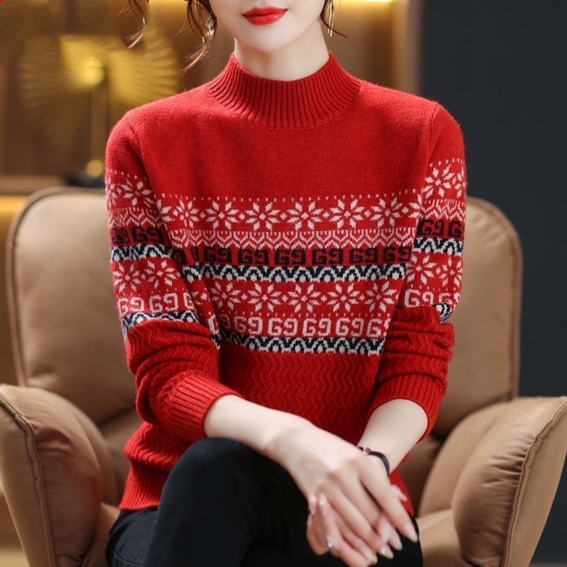 秋冬加厚针织毛衣女半高领洋气提花内搭打底毛衣时尚宽松针织衫潮