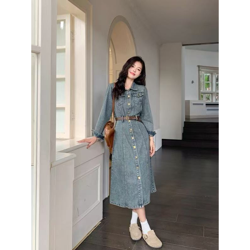 大码女装2025春季复古风牛仔连衣裙胖mm收腰遮肚显瘦中长款裙1520