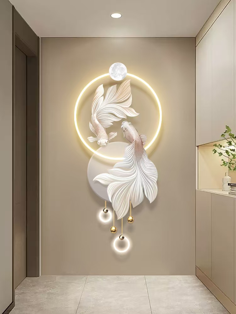 奶油风入户玄关锦鲤装饰画过道走廊尽头竖版立体壁画高级感挂画
