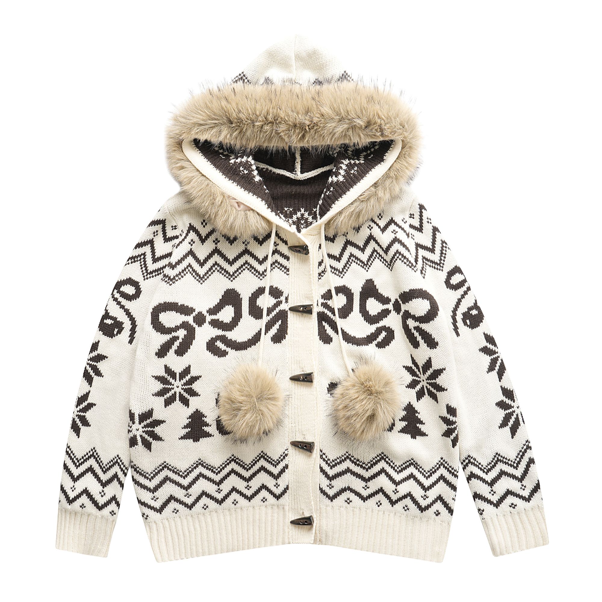 NowAndHere美式原创复古羊毛费尔岛毛领牛角扣连帽针织毛衣外套女