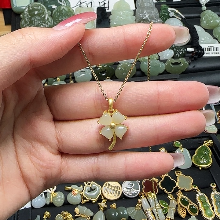 颈饰银S925镶嵌和田玉送链子送绳