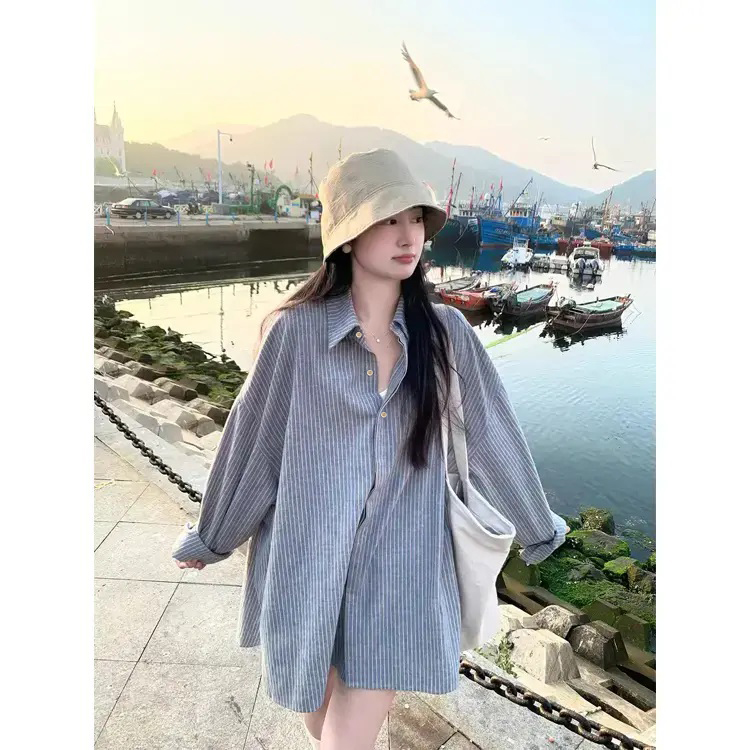 灰色条纹衬衫女慵懒风2025秋季韩系宽松休闲衬衣百搭长袖上衣