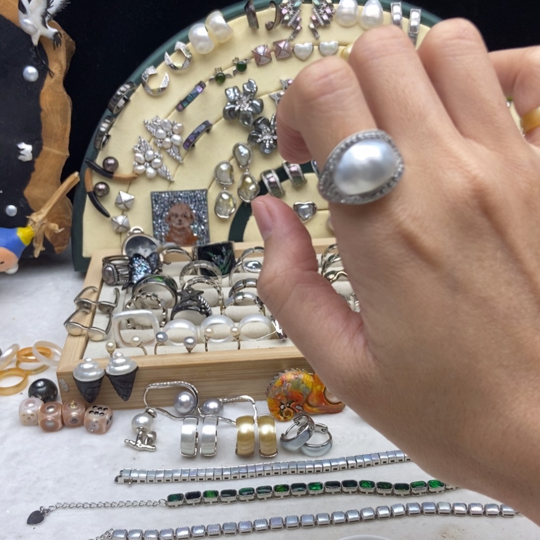 银S925镶嵌海水珍珠画框澳白巴洛克戒指14号