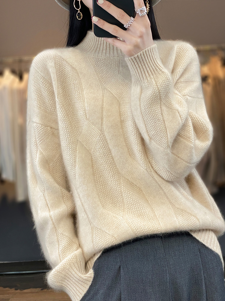 100%羊绒衫女半高领加厚扭花高级感针织加厚长袖宽松型高领毛内搭