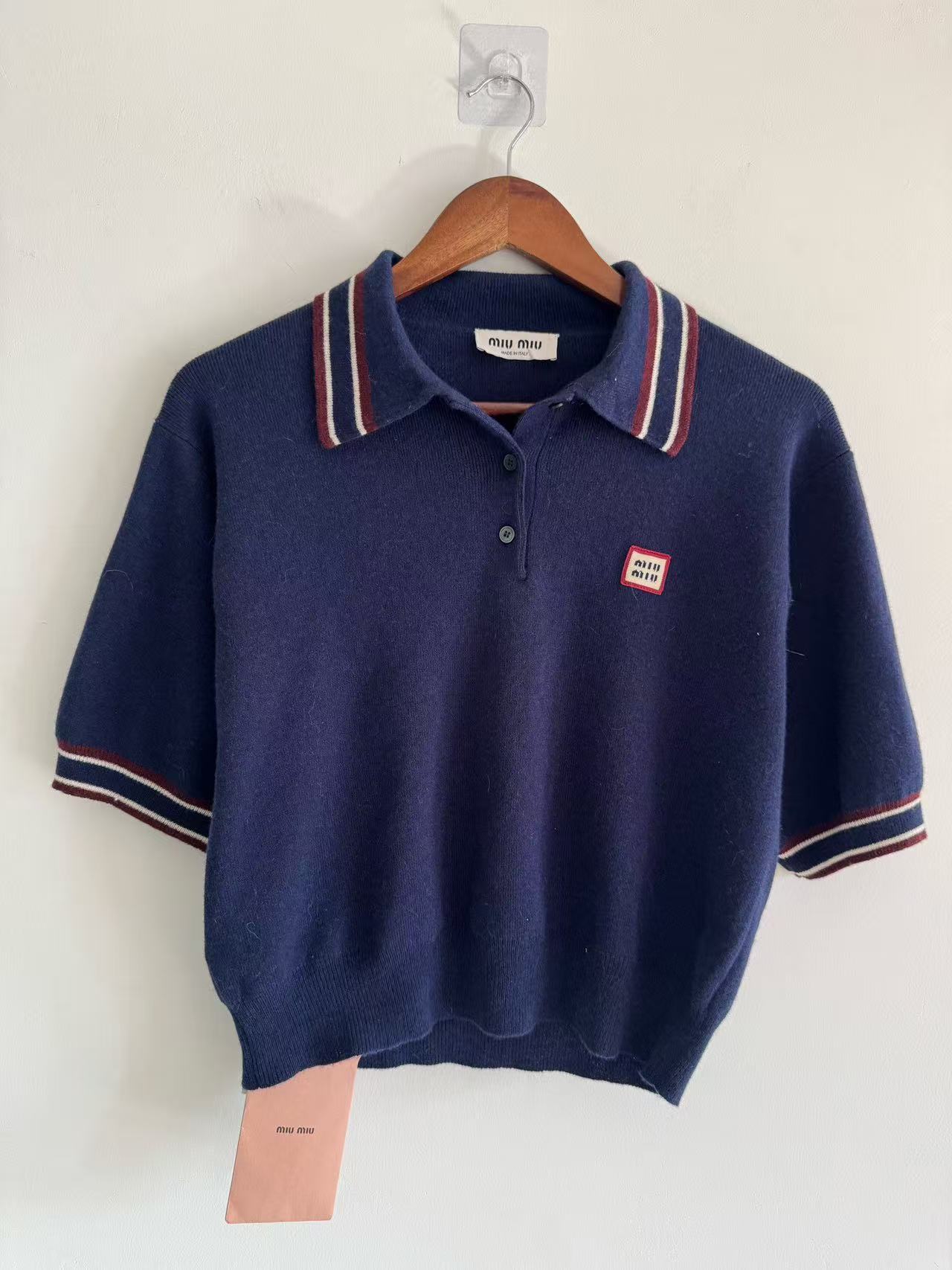 99新 MIU MIU/缪缪 葡萄籽奢潮/蓝色翻领POLO针织衫时尚毛衣/38码