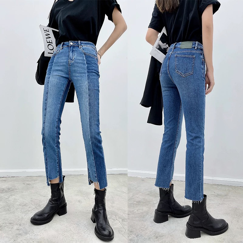824 GZH2撞色宽松牛仔裤女春秋韩版九分直筒裤