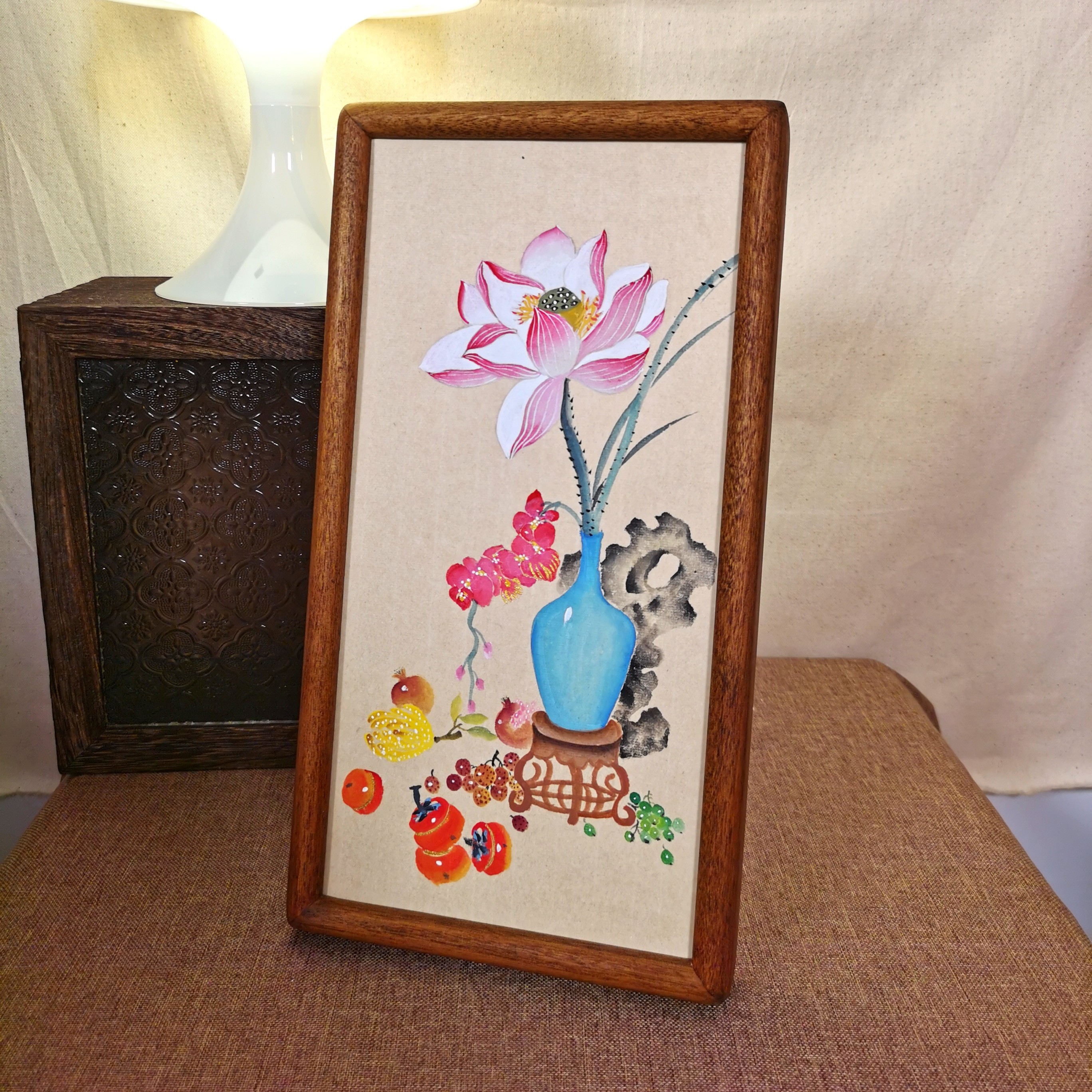 15×30深色实木框没骨清供图1