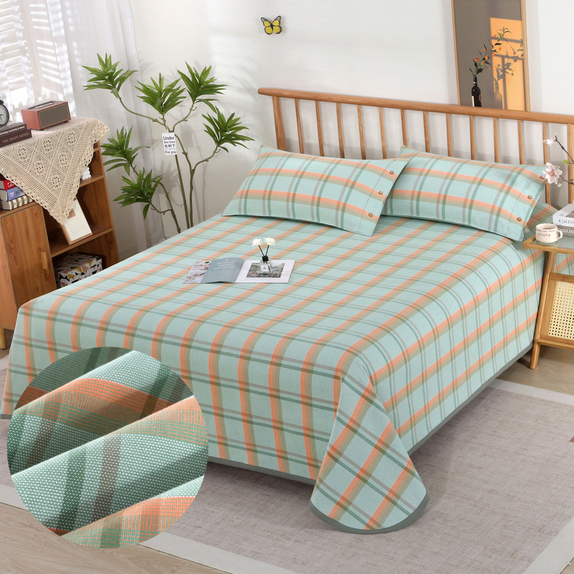 【年华-特厚老粗布凉席】5股精梳棉全棉色织三件套老粗布凉席床上