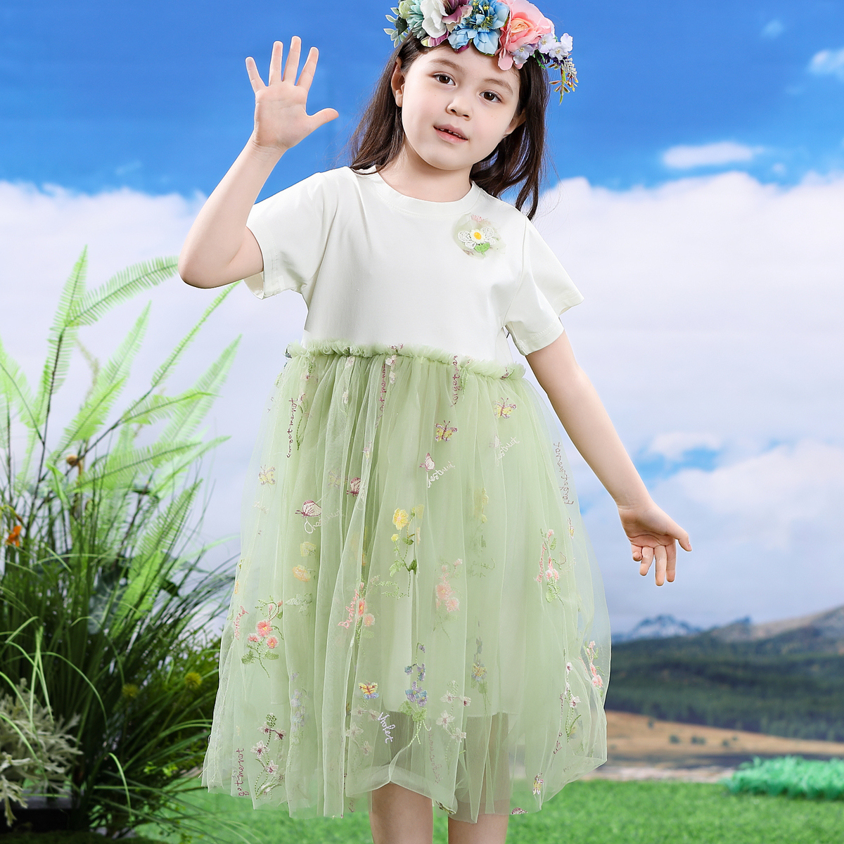 2025女童网纱连衣裙夏季大童公主甜美碎花蓬蓬裙清SY12422406