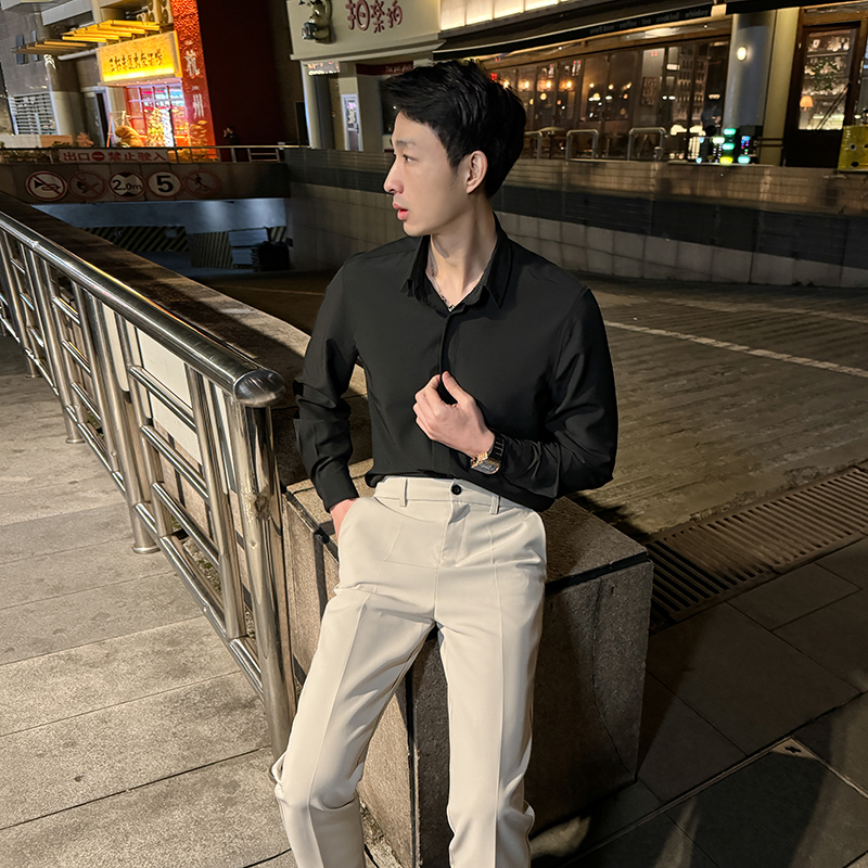 2025男士春夏长袖翻领纯色百搭韩版潮流休闲衬衫痞帅时尚轻熟时尚