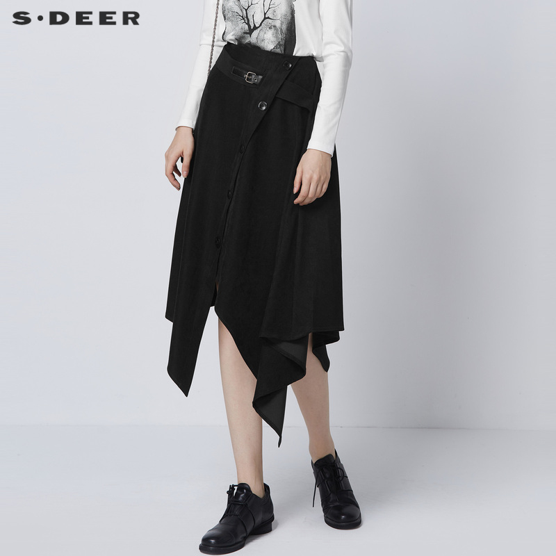 S·DEER正品宽松黑色长款时尚拼接显瘦不规则斜摆A字长裙S21361108