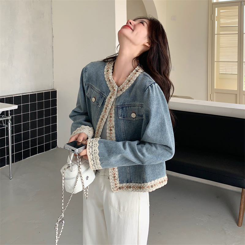 复古蕾丝拼接牛仔外套女欧洲站2025秋季新款韩版圆领显瘦短款上衣