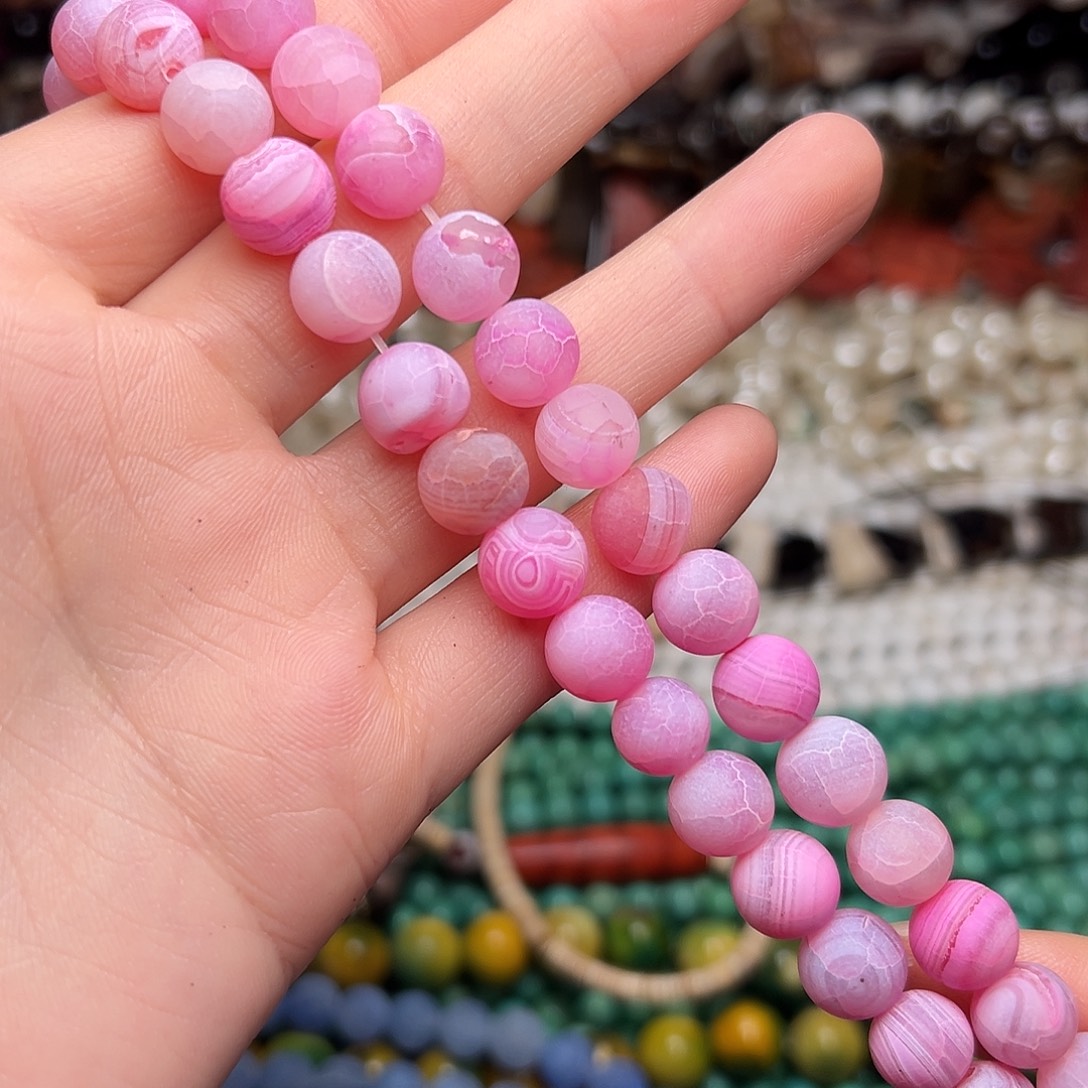 玛瑙/玉髓合金珠宝半成品V335。10mm天然磨砂龙鳞纹玛瑙圆珠一条