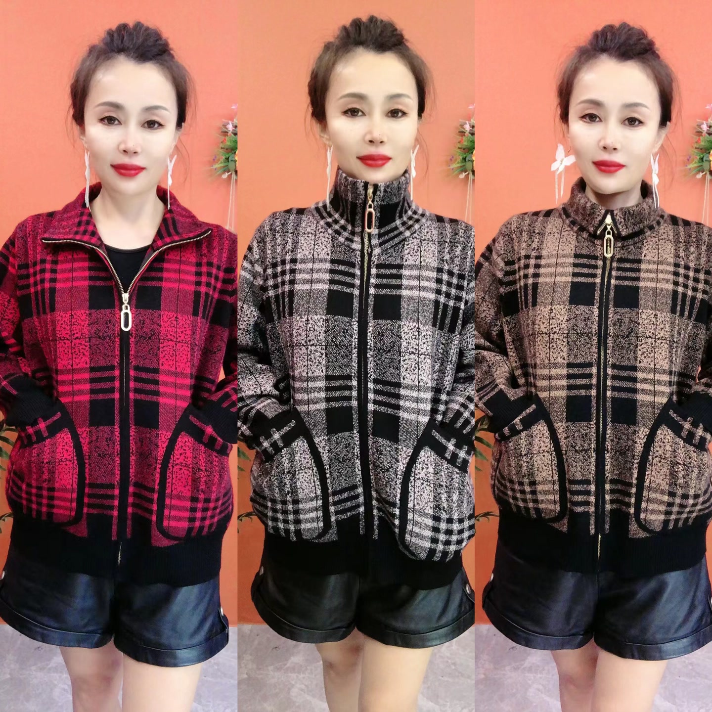 双面绒格子休闲外套大码春秋妈妈装时尚百搭连帽宽松韩版大码春秋