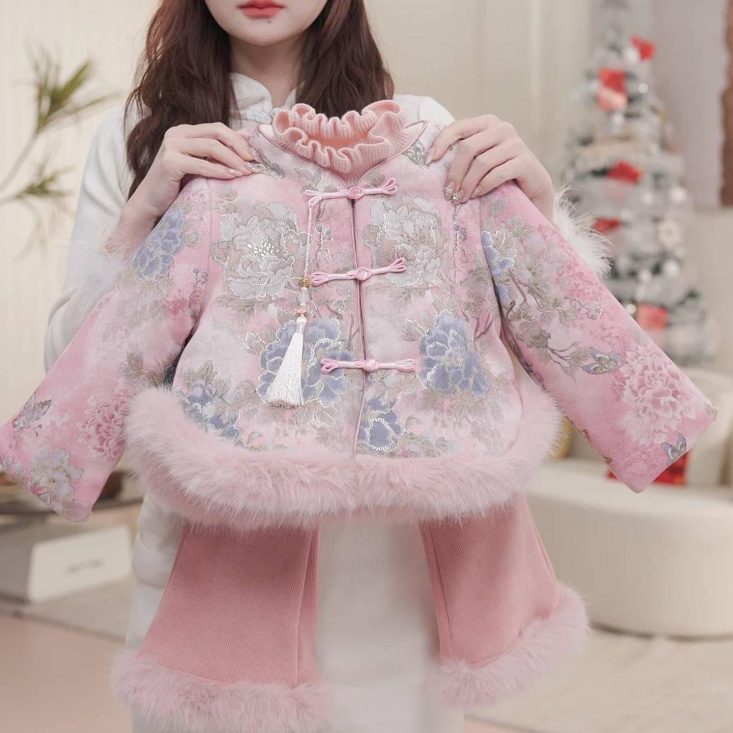 女童中国风冬季加厚保暖新款洋气小女孩新中式盘扣拜年服三件套装