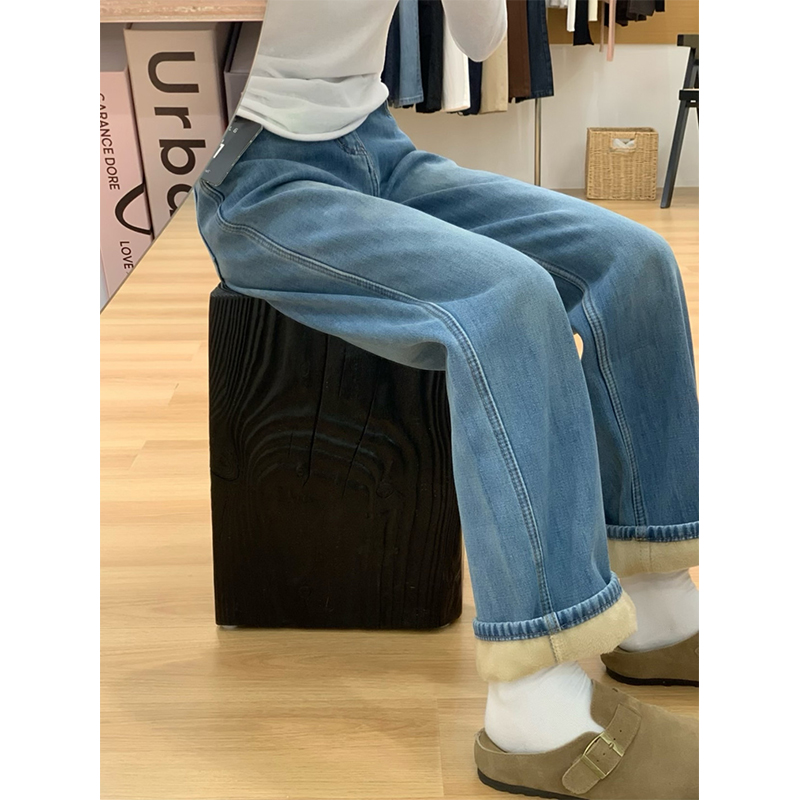 秋冬窄版阔腿牛仔裤女加绒2025新款宽松高腰垂感拖地裤显瘦直筒裤