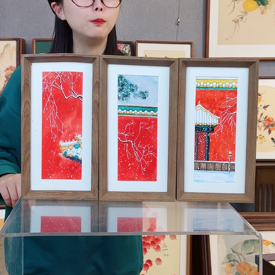 国画纯手绘，纯手写带框尺寸：16×29厘米