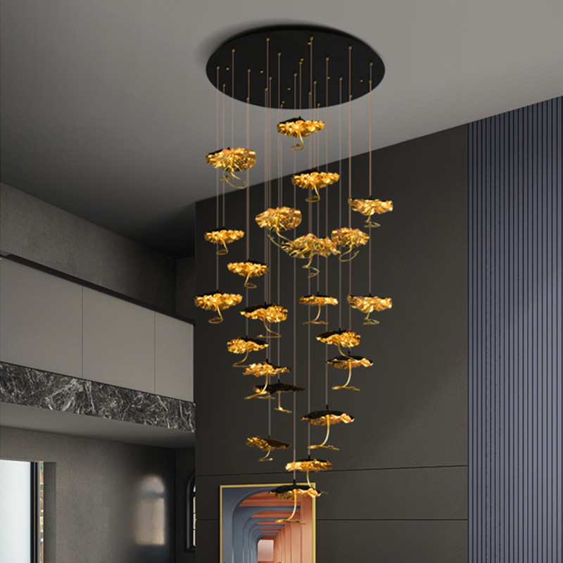 全铜轻奢楼梯吊灯简约客厅餐厅高端大气别墅复式酒店时尚荷叶黑金