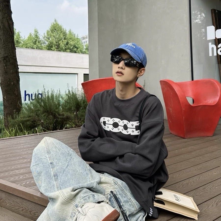 GOODBRAND 珍珠贝点钻棋盘格纹珠地提花长袖T恤 男女同款
