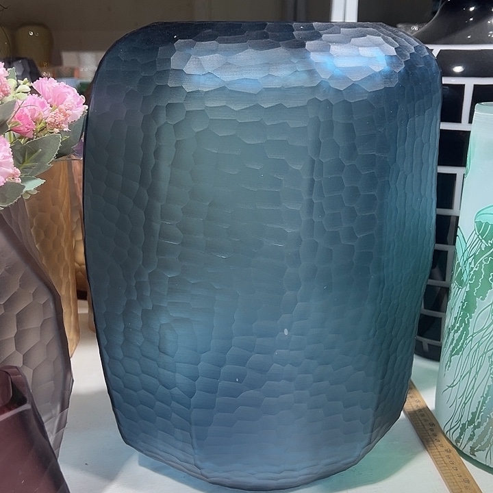 芳***菲手工艺品琉璃兰色磨刻花瓶花器高42口12