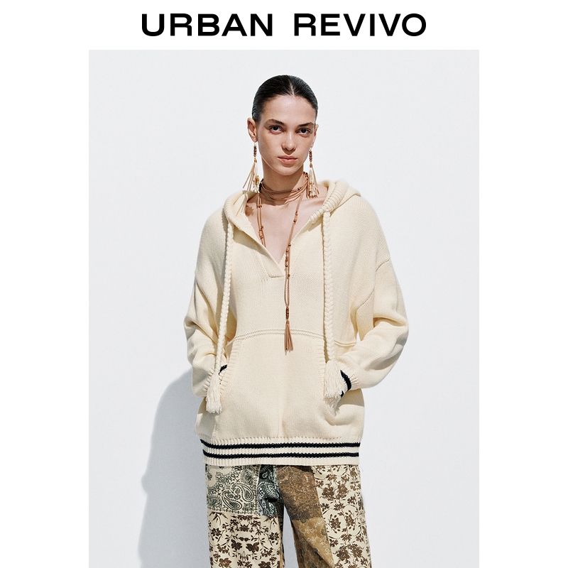 UR2025秋季新款女装流光风撞色流苏抽绳连帽针织衫UYL950202+