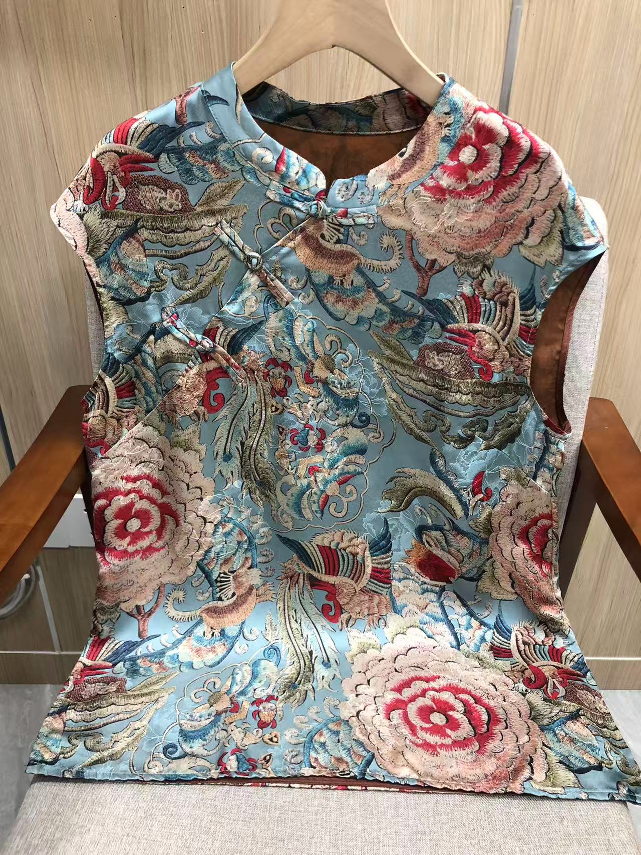 【牡丹花】无袖提花新中式夏季常规包袖衬衫时尚夏款双层荡领1140