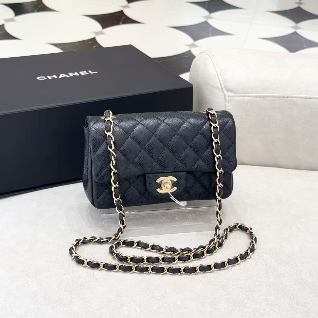 99新 Chanel/香奈儿 GGScf大mini黑金荔枝牛皮单肩包29524358