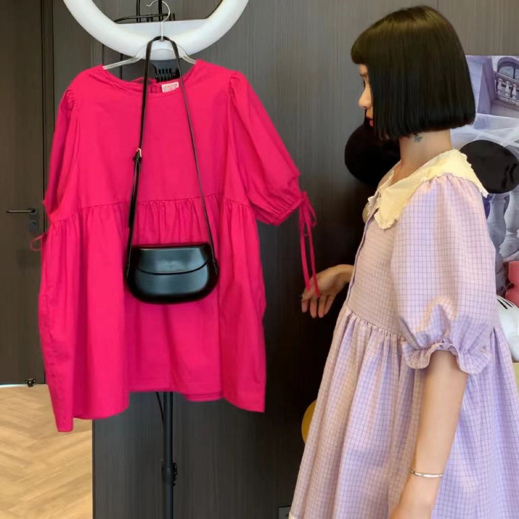 wyd小樱桃 一颗火龙果 超显白火龙果色小圆领泡泡袖连衣裙