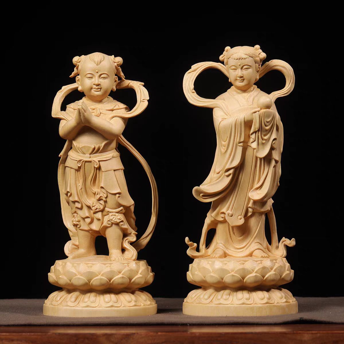 桧木精雕金童玉女善财善女工艺品摆件家居客厅装饰品实木商务礼品