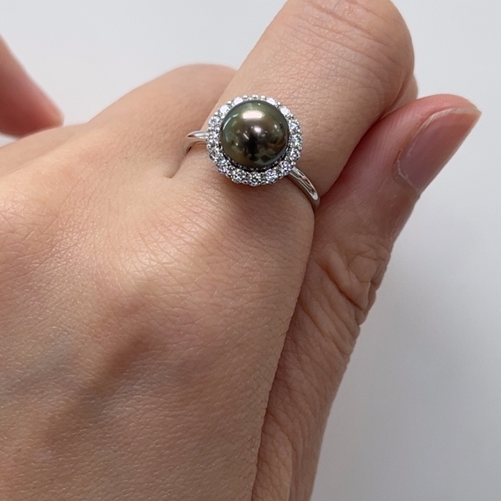 银S925镶嵌戒圈海水珍珠大溪地 8-9mm 15号