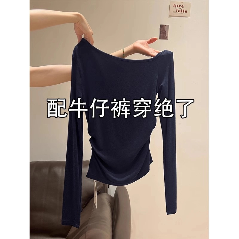 韩系斜肩露锁骨长袖T恤女春季甜辣妹不规则设计褶皱收腰修身上衣