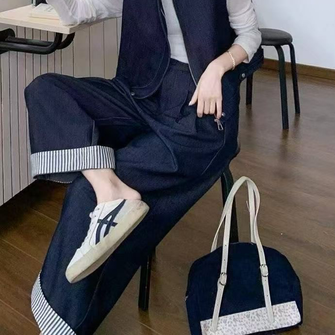 定制款阔腿裤格纹拼接阔腿裤
