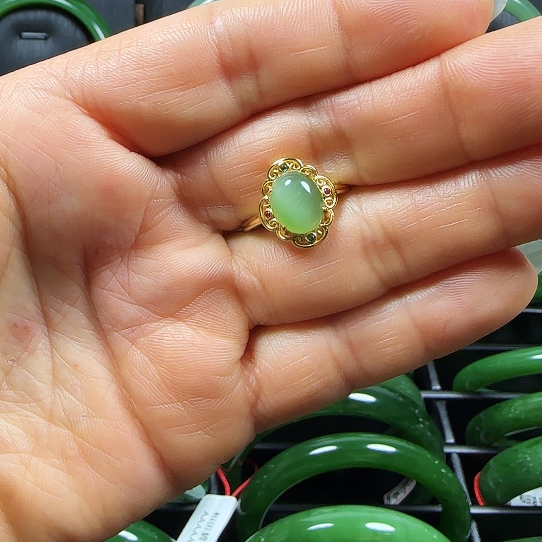 和田玉戒指银S925镀金镶嵌