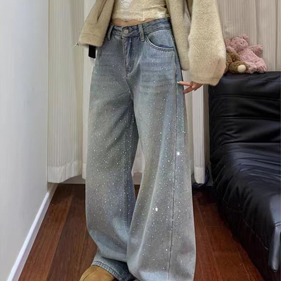 加绒烫钻阔腿牛仔裤女秋冬新款高腰显瘦宽松裤子