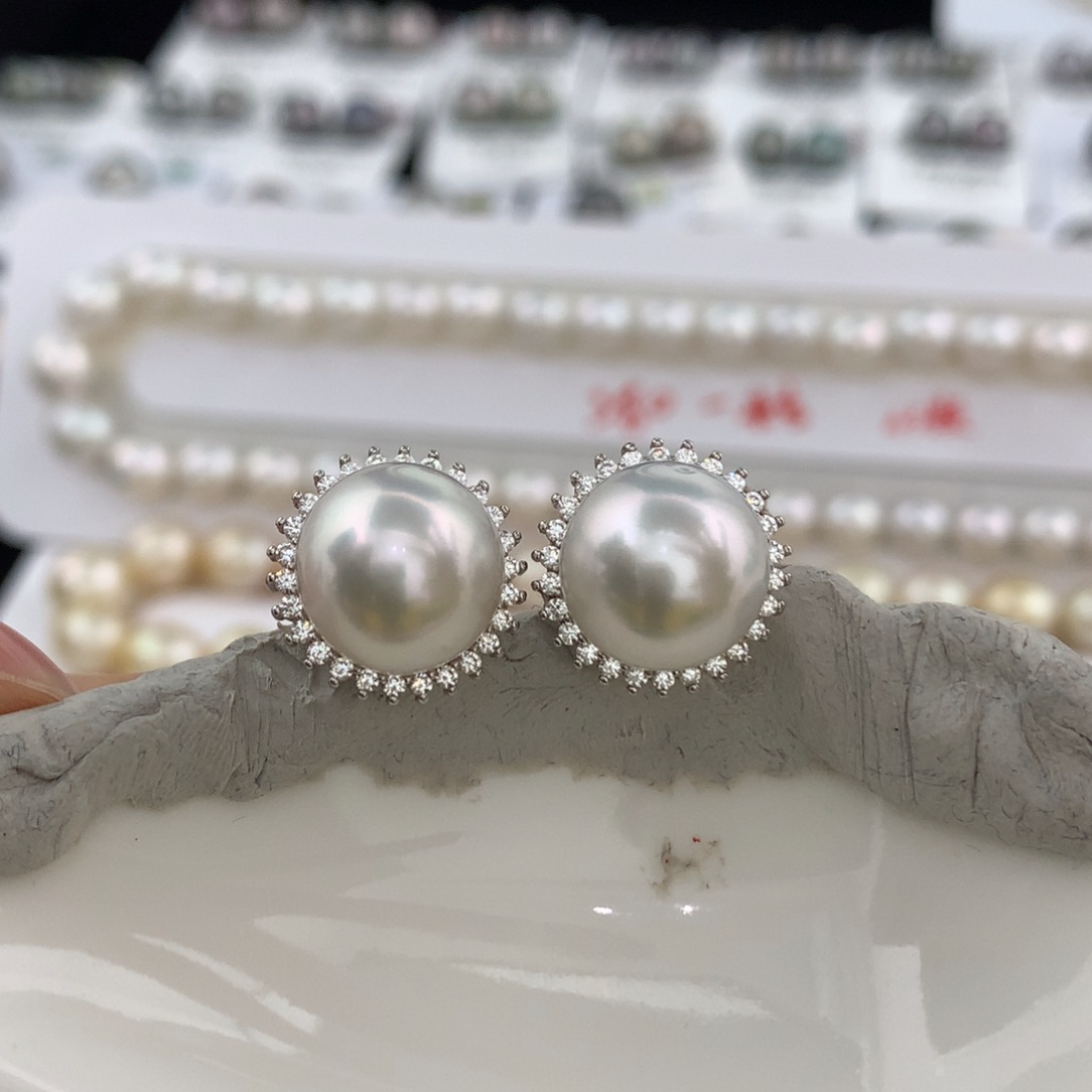 未镶嵌耳饰海水珍珠银蓝11.5mm圆珠