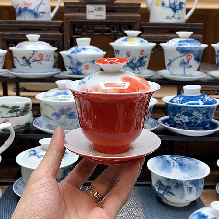 手绘龙船花盖碗160cc釉下彩微瑕福利款