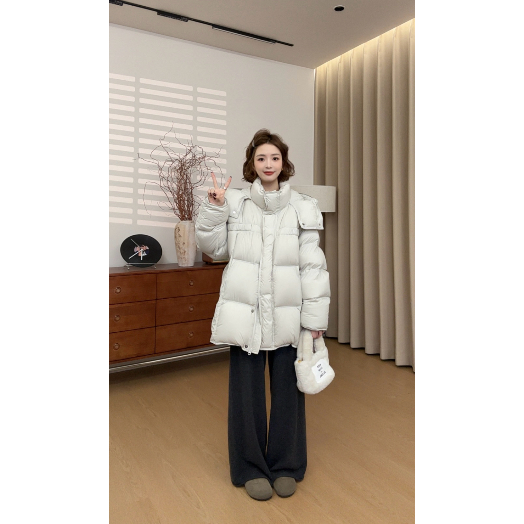 【张小九】泡芙连帽款双门襟落肩袖新国标90白鸭绒羽绒服Z2121