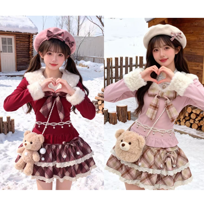 【摩卡甜心】甜美圣诞院风海军领蝴蝶结收腰针织上衣秋冬套装