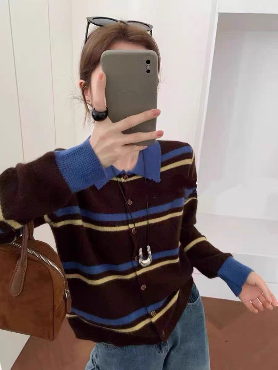 Polo领新款拼色条纹翻领长袖针织开衫上衣时尚洋气百搭软糯G9-45