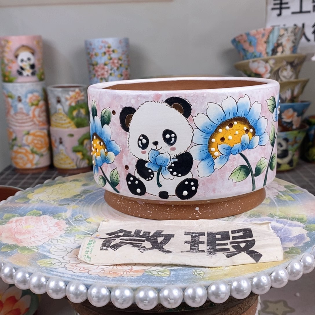 紫砂花盆红陶手绘花盆